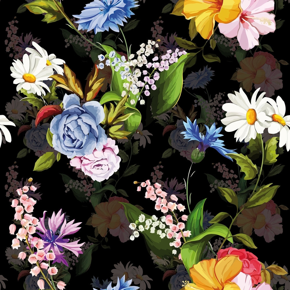 Black Floral Seamless Print Fabric – Elegance in Every Thread